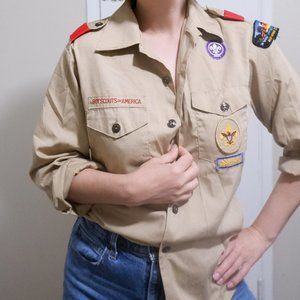 Vintage Boy Scout Uniform Khaki Long Sleeve Button Up Shirt Patches Iowa